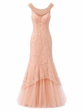 Sherri Hill 50112 Peach Lace Mermaid Gown with Beaded Illusion Neckline